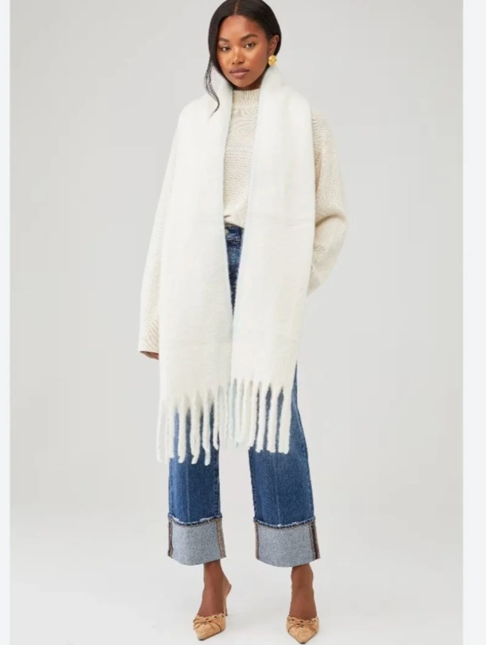 Free People Winter Chill Blanket Scarf In Cream OS NWT